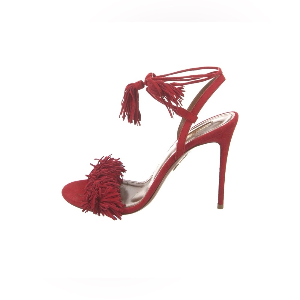 Aquazzura Red Fringe Ankle Strap Heels - Picture 3 of 6